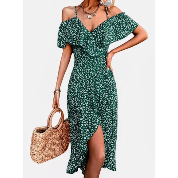 Casual EUC Floral Off the shoulder Wrap midi dress M-XL green white - Picture 1 of 17